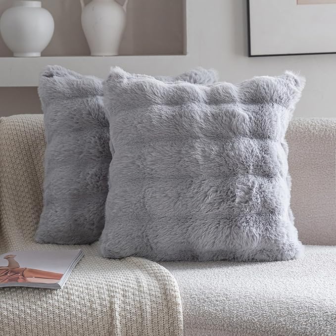 Neelvin Gray Faux Fur Cozy Soft Double-Sided Decorative Throw Pillow Covers 24x24 inch Set of 2,Velvet Pillowcase Cushion Case for Sofa Couch