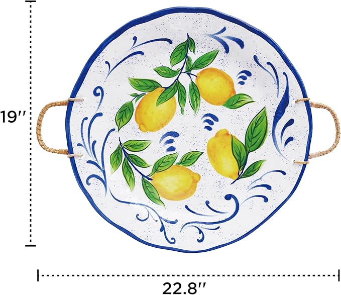 TP 19" Large Serving Tray with Rattan Handle, Melamine Round Serving Platters, Decorative Trays for Kitchen, Parties, Entertaining, Set of 2