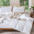 MooMee Bedding Duvet Cover Set 100% Washed Cotton Linen Like Textured Breathable Durable Soft Comfy (Solid Bright White, Super King 108"x98")