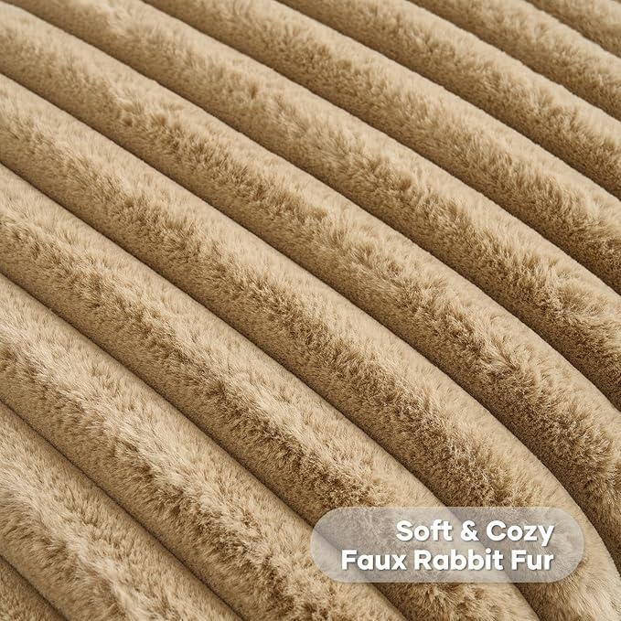 FUTEI Camel Striped Decorative Throw Pillow Covers 22x22 Inch Set of 2,Square Winter Decorations Couch Pillow Case,Soft Cozy Faux Rabbit Fur & Velvet Back,Modern Home Decor for Bed