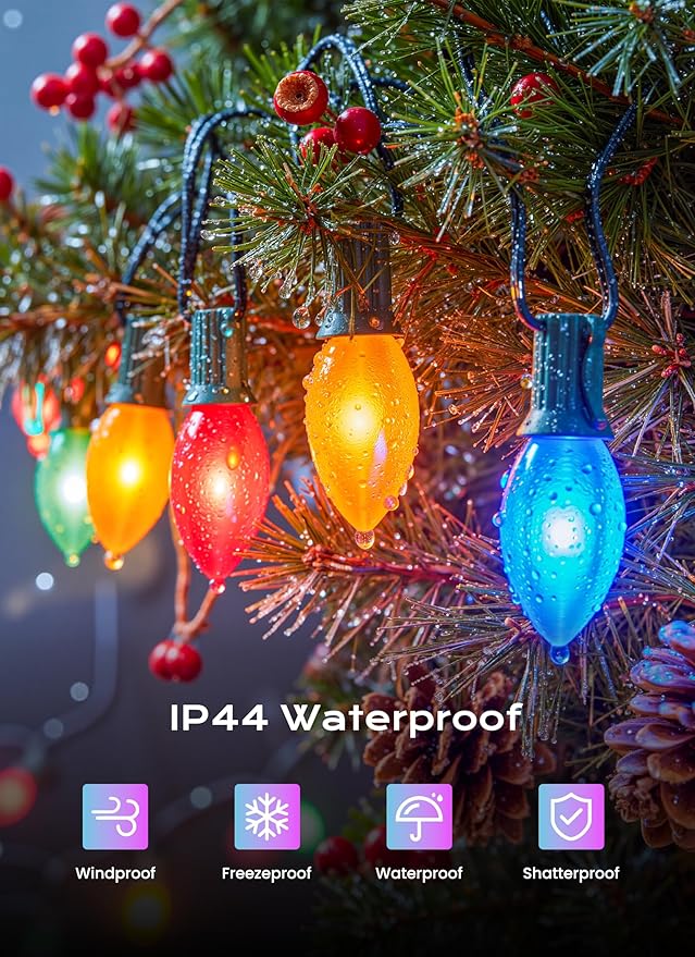 Brightown C9 LED Christmas Lights Outdoor, 150 FT 150 Multi-Colored Connectable C9 String Lights for Christmas Tree Patio Roofline Garden Backyard Holiday Party Indoor Outdoor Decoration, Green Wire