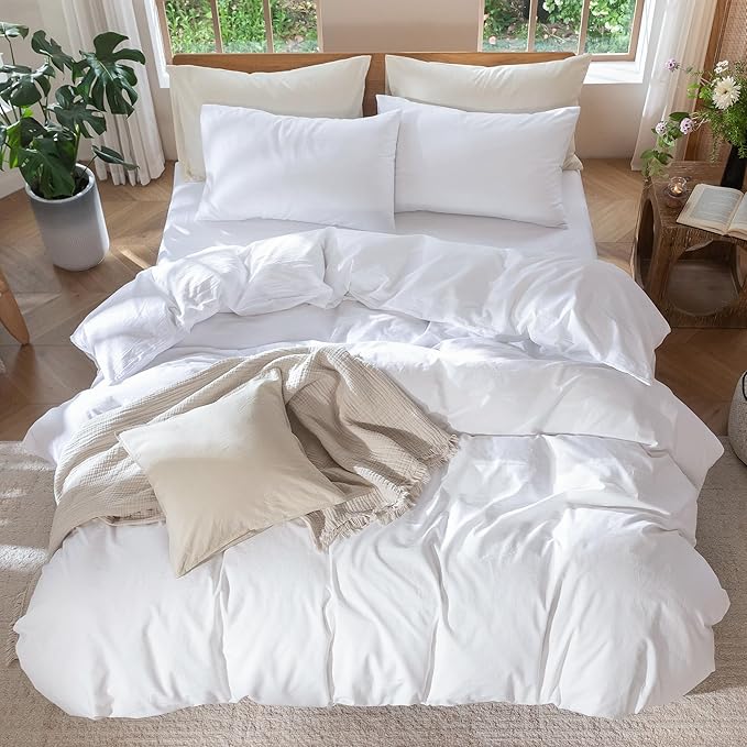MooMee Bedding Duvet Cover Set 100% Washed Cotton Linen Like Textured Breathable Durable Soft Comfy (Solid Bright White, Super King 108"x98")