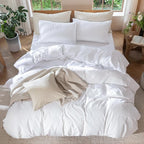 MooMee Bedding Duvet Cover Set 100% Washed Cotton Linen Like Textured Breathable Durable Soft Comfy (Solid Bright White, Twin 68"x90")