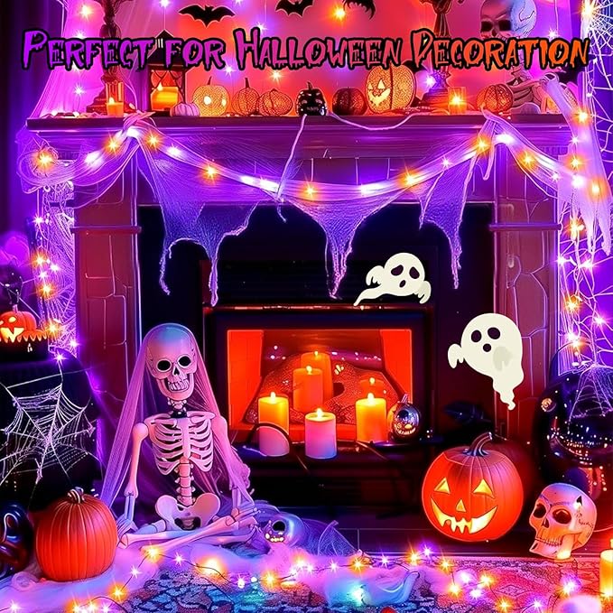 Extra Long 132ft Halloween Decorative Mini Lights, 400 LED Black Wire Fairy String Lights Plug in, Timer & Memory & 8 Modes, for Indoor Outdoor Xmas Tree Wedding Party Decoration,Purple and Orange