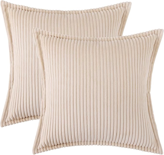 Mecatny Corduroy Throw Pillow Covers 18x18 Set of 2, Neutral Decorative Soft Boho Couch Pillow Covers with Broadside for Sofa Living Room, Beige