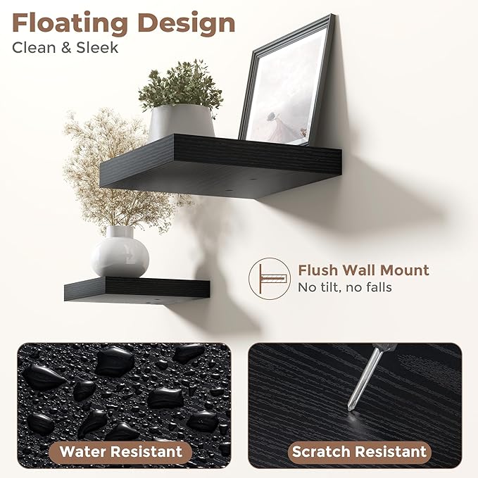 Floating Shelves for Wall with Invisible Brackets, Wall Mounted Engineered Wood Shelves with Wood Grain for Living Room, Bedroom, Bathroom, Kitchen Decor and Storage, Oak, 12"L Set of 3, Black