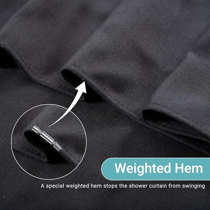 Linen Shower Curtain with 10 Hooks Modern Heavy Duty Washable Fabric Curtain Set Waterproof Thick Cloth Shower Curtains for Bathroom Bathtub Washable, W60*L70, Black