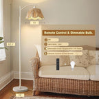 Oneach Rattan Floor Lamp for Living Room with 3 Color Temperatures, Boho Floor Lamp for Bedroom with Remote & Dimmable Bulb, Farmhouse Standing Lamp for Reading, Antique White