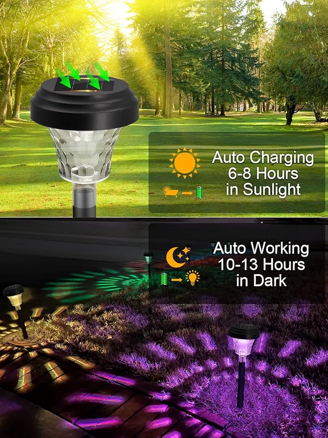 ROOR Solar Pathway Lights 12 Pack, Outdoor Solar Yard Lights, RGB Color Changing+Warm White, IP67 Waterproof for Garden Path Backyard Christmas Lawn Landscape Decorative