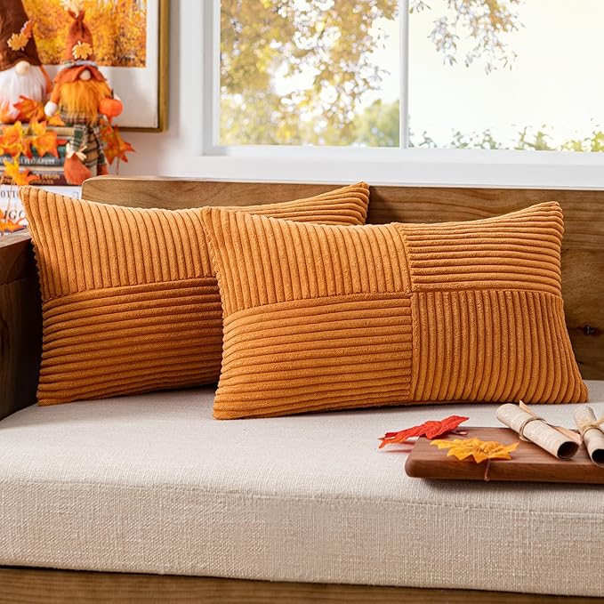 MIULEE Fall Burnt Orange Corduroy Pillow Covers Pack of 2 Boho Decorative Spliced Throw Pillows Soft Pillowcases Cross Patchwork Textured Covers Home Decor for Couch Living Room Bed Sofa 12x20 inch