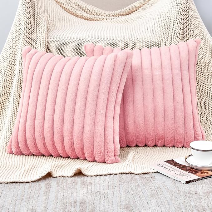 Throw Pillow Covers Decorative Faux Fur Set of 2 16x16 Inch Pillow Covers, Soft Pink Plush Striped Pillowcases for Couch Sofa Bed Living Room, Fluffy Cute Home Boho Accent Fuzzy Decor