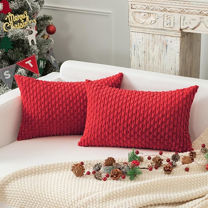 Kevin Textile Christmas Corduroy Decorative Throw Pillow Covers 12x20 Inch Pack of 2 Soft Boho Striped Pillow Covers Modern Farmhouse Home Decor for Sofa Living Room Couch Bed Red