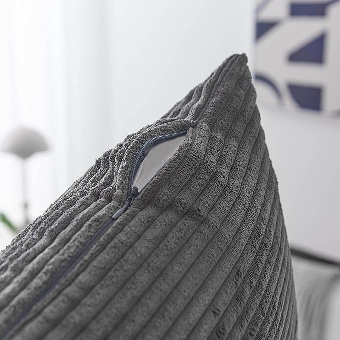 Home Brilliant Rectangle Pillow Cover 12x20 Set of 2 Decorative Plush Striped Velvet Corduroy Oblong Throw Pillows Accent Cushion Covers, 12 x 20 inch, Dark Grey