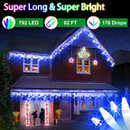 82ft 792 LED 176 Drops Christmas Lights, Outdoor Hanging lights 8 Modes and Timer Memory, Outside Waterproof Curtain String Lights for House Fence Tree Holiday Party Decorations (Blue & White)