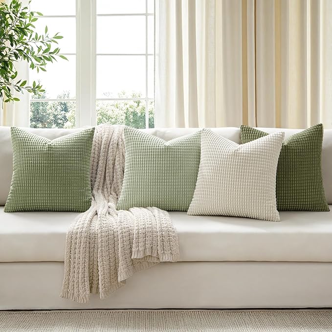 MIULEE Modern Farmhouse Decorative Lumbar Pillow Covers 18x18 Inch Set of 4 Natural Rustic Throw Pillows Neutral Warm Soft Corduroy Couch Pillowcases Home Decor for Sofa Living Room Bed Light Green