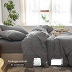 MooMee Striped Duvet Cover Set 100% Washed Cotton Linen Like Textured Breathable Durable Soft Comfy (Dark Grey White Wide Stripes, Oversized Queen 98"x98")