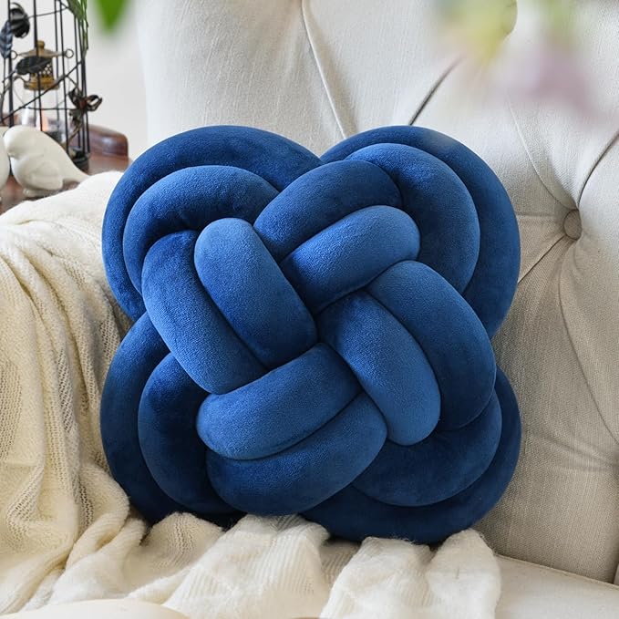 Xuyier Knot Pillow Ball, Decorative Throw Pillows with Velvet Fabric for Couch Bed, 12" Decor Knotted Square Floor Pillow Cushions for Living Room (12 Inches, Navy Blue)