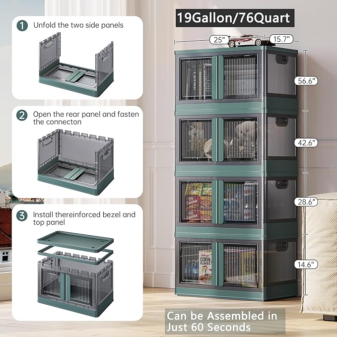 2-Pack Stackable Storage Bins with Lids and Doors - 19Gal Collapsible Storage Bin with Wheel, Closet Organizers and Storage with Lock, Plastic Storage Containers for Home and Office, Green