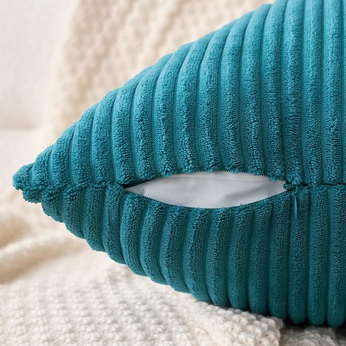 MIULEE Pack of 2 Teal Corduroy Pillow Covers Soft Boho Striped Throw Pillow Covers Set Decorative Square Cushion Cases Pillowcases for Sofa Bedroom Couch 16 x 16 Inch