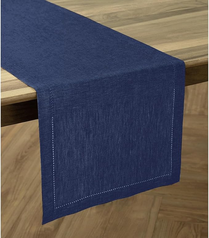 Solino Home Linen Table Runner 90 Inches Long - Milan Hemstitch 100% Pure Linen Chambray Navy Dining Table Runner 14 x 90 Inch for Fall, Autumn, Thanksgiving, Christmas, Holiday