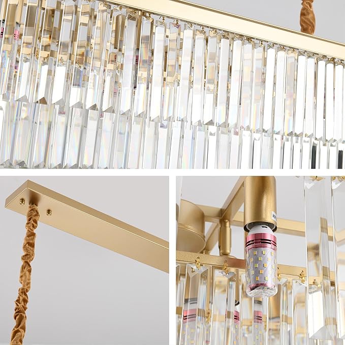 Gold Rectangular Chandelier 40 Inch-10-Light Luxury Crystal Pendant Lighting for Dining Room, Kitchen Island & Bar-Adjustable Height, Flush Mount Ceiling Fixture,Premium Lighting Fixture(Gold, L-40)