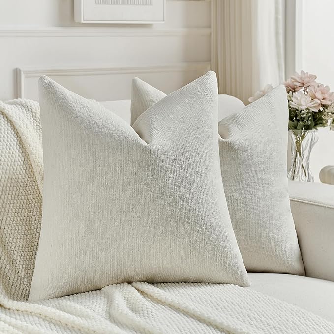 FUTEI Cream Chenille Decorative Throw Pillow Covers 20x20 Inch Set of 2,Soft Cozy Faux Linen Textured Cushion Case,Farmhouse Home Decor for Couch Living Room