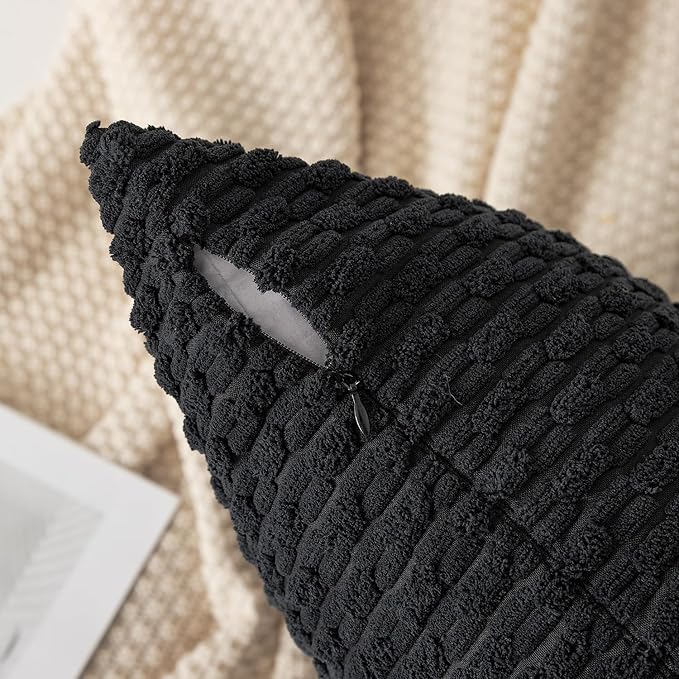 Kevin Textile 2 Packs Decorative Pillow Covers for Couch Outdoor Pillows Cover Boho Striped Velvet Pillow Covers Set of 2 40cm x 40cm 16 x 16 Inch Black