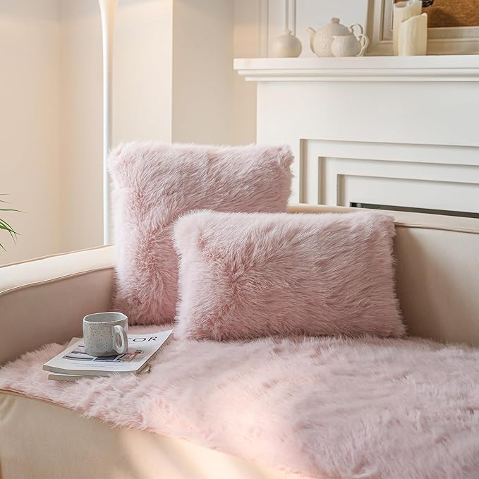 Neelvin Pink Faux Fur Cozy Fluffy Double-Sided Decorative Throw Pillow Covers 22x22 inch Set of 2,Velvet Pillowcase Cushion Case for Sofa Couch