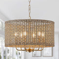 20" Rattan Hand-Woven Boho Chandelier for Dining Room, 6-Light Rattan Drum Wicker Farmhouse Large Vintage Chandelier Pendant Light Fixture for Kitchen Island Entryway(Gold)