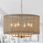 20" Rattan Hand-Woven Boho Chandelier for Dining Room, 6-Light Rattan Drum Wicker Farmhouse Large Vintage Chandelier Pendant Light Fixture for Kitchen Island Entryway(Gold)