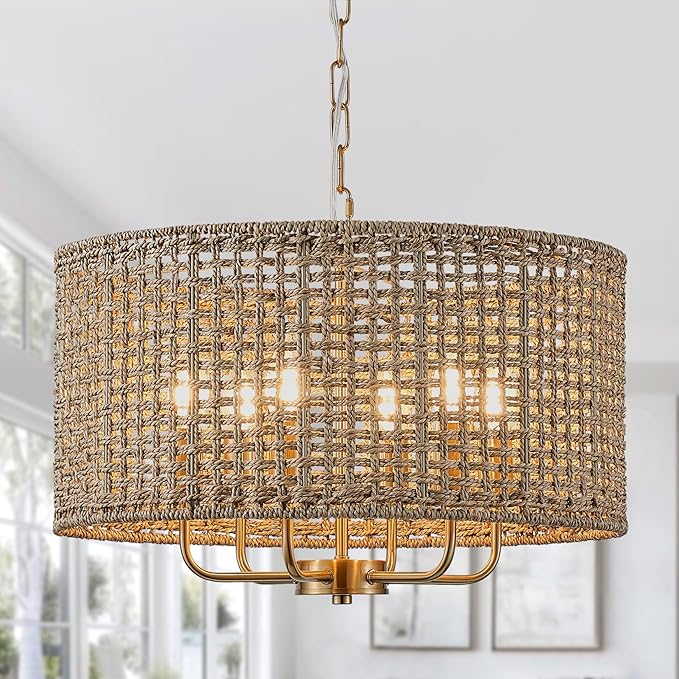 20" Rattan Hand-Woven Boho Chandelier for Dining Room, 6-Light Rattan Drum Wicker Farmhouse Large Vintage Chandelier Pendant Light Fixture for Kitchen Island Entryway(Gold)