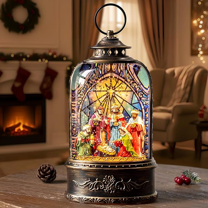 Christmas Snow Globe Swirling Glittering Nativity Scene with Music, USB Lined/Battery Operated Lighted Water Lantern for Christmas Festival Decoration Gifts