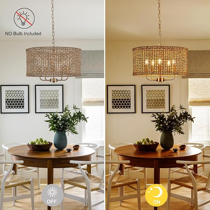 Hand-Woven Rattan Chandelier Vintage Farmhouse Boho Bamboo Golden Chandelier Light Fixture Retro 5-Lights Drum Wicker Gold Chandeliers for Dining Room, Kitchen Island, Living Room, Entryway
