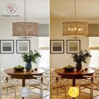 Hand-Woven Rattan Chandelier Vintage Farmhouse Boho Bamboo Golden Chandelier Light Fixture Retro 5-Lights Drum Wicker Gold Chandeliers for Dining Room, Kitchen Island, Living Room, Entryway