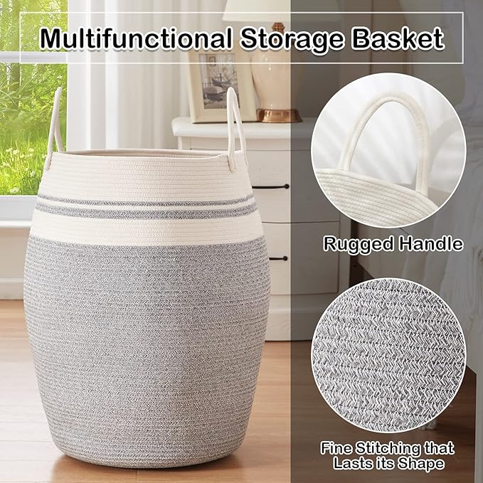 OIAHOMY Laundry Hamper Woven Cotton Rope Large Clothes Hamper 25.6" Height Modern Curve Basket with Extended Cotton Handles for Storage Clothes Toys in Bedroom, Bathroom, Foldable (White & light grey)