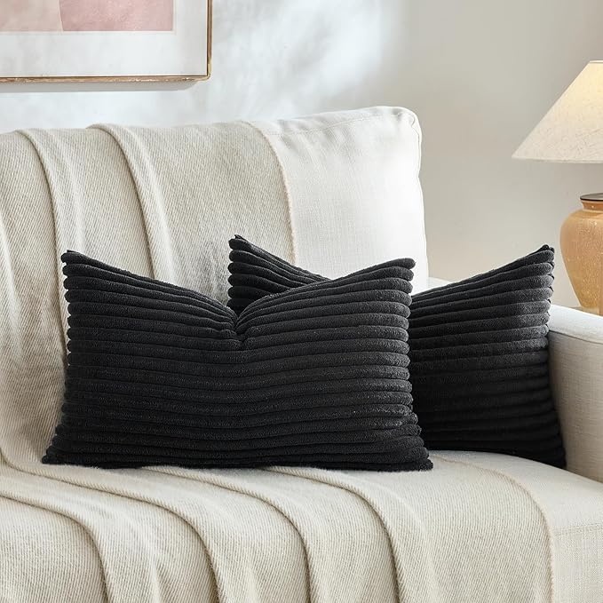 Fancy Homi Set of 2 Black Boho Small Lumbar Decorative Throw Pillow Cover 12x20 Inch for Couch Bed Chair, Aesthetic Modern Bohemian Room Decor, Soft Fluffy Corduroy Rectangle Cushion Case 30x50cm