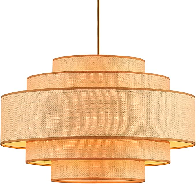 Farmhouse 26" Large Drum Rattan Chandelier 6-Lights Vintage Boho Rattan Chandelier Retro Vintage Bamboo Drum Chandeliers for Dining Room, Kitchen Island, Living Room, Bedroom