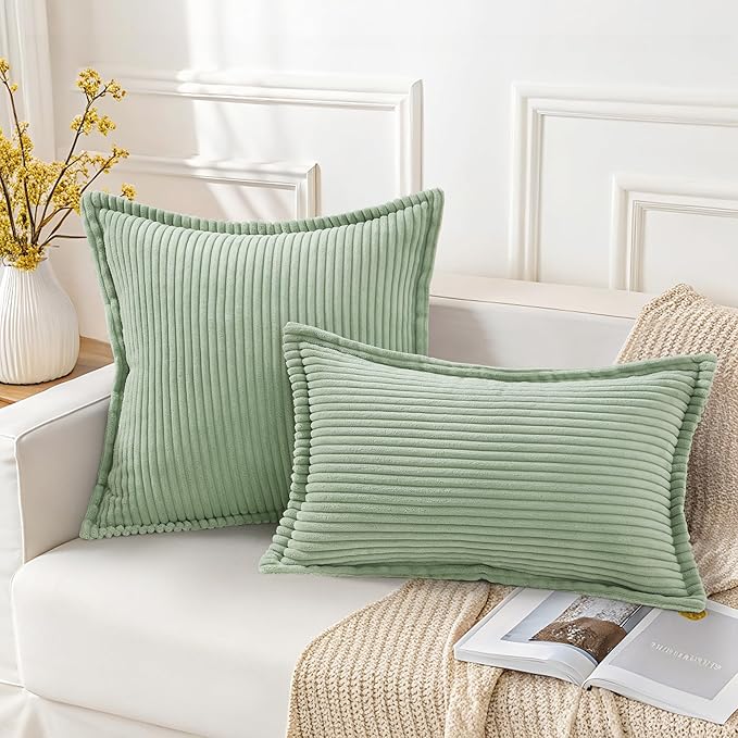 Mecatny Corduroy Throw Pillow Covers 22x22 Set of 2, Neutral Decorative Soft Boho Couch Pillow Covers with Broadside for Sofa Living Room, Sage Green