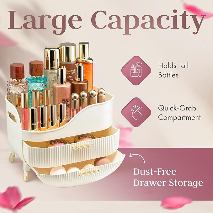 Large Makeup Cosmetic Countertop - Cosmetic Organizer - Vanity, Bathroom Storage for Skin Care Organizer - Space-Saving Design with Drawers - Open-Top, Gold Accents, Portable Side Handles (White)