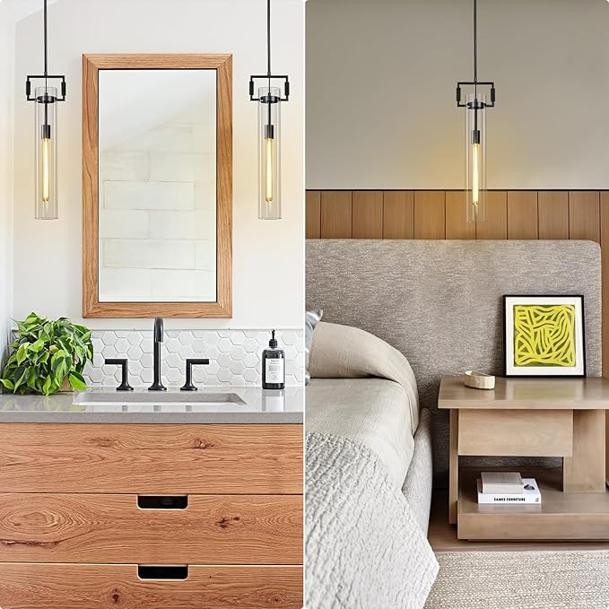 Modern Black Pendant Lights Set of 2, 21.6'' kitchen pendant lighting over island, Indoor Adjustable Height Glass Pendant Light Fixtures, Large Pendant Lights Kitchen Island, E12 Bulb Included