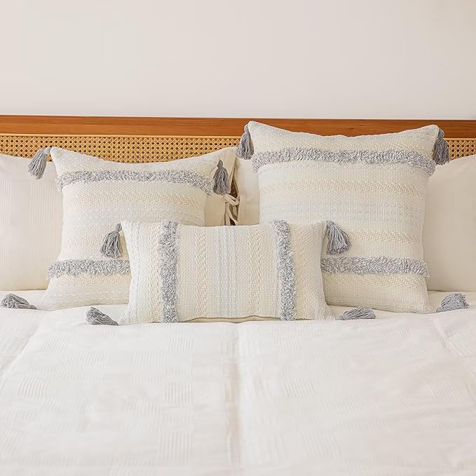 Boho Throw Pillow Covers 20x20 Set of 2 Woven Tufted Farmhouse Pillows Cover with Tassels Textured Striped Cushion Case Neutral Pillow Cases Decorative Pillowcase for Sofa, Couch, Bed, Light Grey
