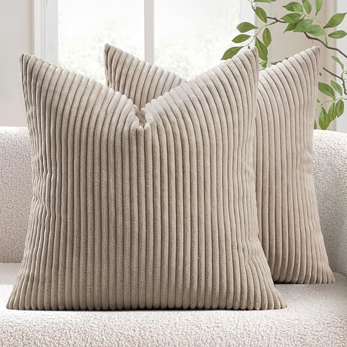 MIULEE Pack of 2 Corduroy Soft Soild Decorative Square Throw Pillow Covers Cushion Cases Pillowcases for Sofa Bedroom Car 18 x 18 Inch 45 x 45 Cm Light Brown