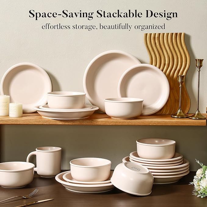 GZG Vintage Series - Ceramic Dinnerware Set for 4, 12 Pieces Stoneware Plates and Bowls Set, Lead-Free, Handcrafted Dishes Set, Microwave & Dishwasher Safe - Cream White