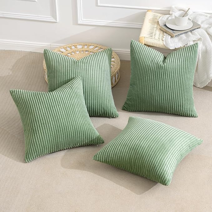 MIULEE Boho Farmhouse Throw Pillow Covers 18x18 Inch Set of 4 Mordern Nordic Cushion Covers Soft Corduroy Home Decor for Couch Bed Sofa Living Room Sage Green