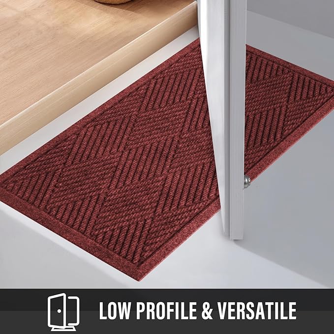 Sturdy Front Door Mat, Absorbent Muddy Dirt Resist Welcome Door Mats Outdoor Indoor, Stain and Fade Resistant, Non-Slip Rubber Backing Low Profile Doormat for Entryway, 30×17, Red