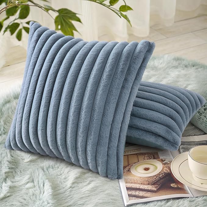 decorUhome Faux Fur Throw Pillow Covers 20x20 Set of 2, Decorative Soft Plush Striped Neutral Couch Euro Pillow Covers with Velvet Back for Sofa, Bed, Living Room Home Decor, Grey Blue
