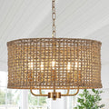 Hand-Woven Rattan Chandelier Vintage Farmhouse Boho Bamboo Golden Chandelier Light Fixture Retro 5-Lights Drum Wicker Gold Chandeliers for Dining Room, Kitchen Island, Living Room, Entryway