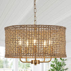 Hand-Woven Rattan Chandelier Vintage Farmhouse Boho Bamboo Golden Chandelier Light Fixture Retro 5-Lights Drum Wicker Gold Chandeliers for Dining Room, Kitchen Island, Living Room, Entryway