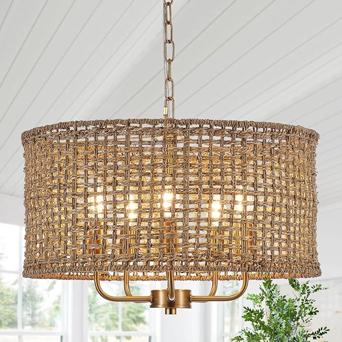 Hand-Woven Rattan Chandelier Vintage Farmhouse Boho Bamboo Golden Chandelier Light Fixture Retro 5-Lights Drum Wicker Gold Chandeliers for Dining Room, Kitchen Island, Living Room, Entryway
