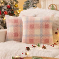 AQOTHES Pink White Plaid Winter Throw Pillow Covers 18x18 Inch Set of 2, Boucle Faux Fur Pillow Covers,Cozy Fluffy Home Living Room Farmhouse Decor for Sofa Couch Bed